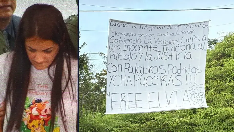 Banner supporting Elvia Cabrera placed near courthouse in Aibonito