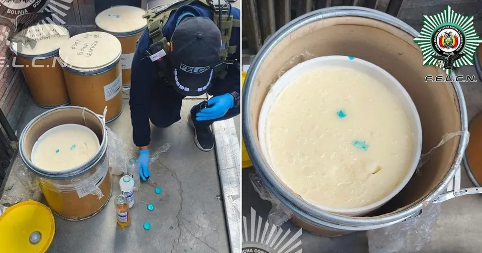 Hidden drugs in fibre drums found in warehouse in El Alto, La Paz