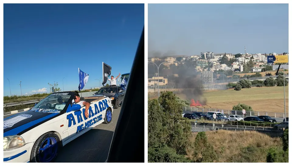 Fires from flares thrown by supporters in Korno ahead of Apollon-Paphos cup final