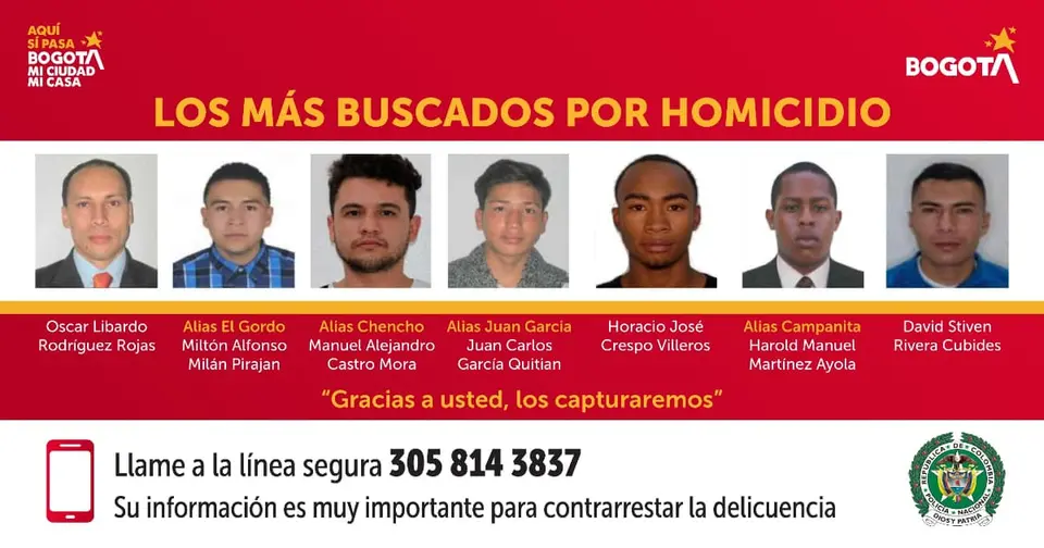 Ocho fugitivos por homicidio en Bogotá: la Policía publica los retratos hablados