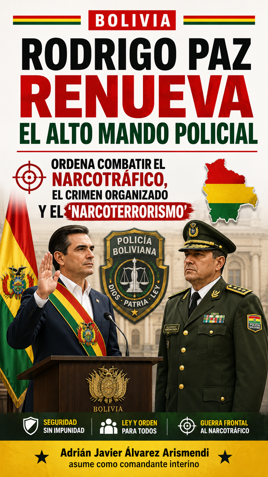 Bolivia: Paz designa nuevo mando policial con orden de combatir narcoterrorismo y crimen organizado